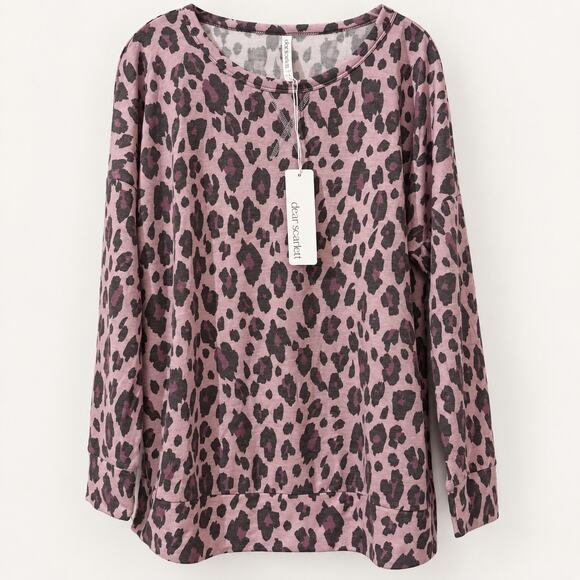 Dear Scarlett Tops - Dear Scarlett Weekender Top Womens L Mauve Leopard Print Tunic Pullover NWT